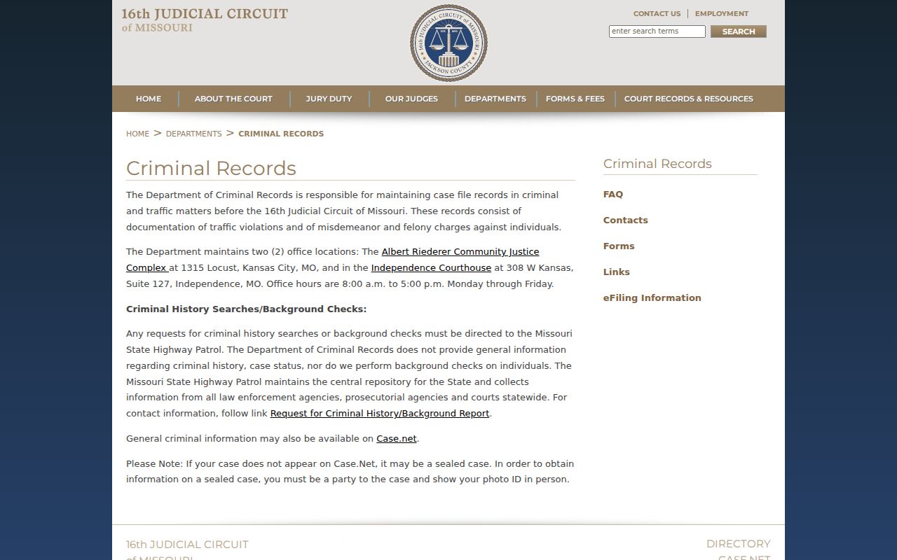16th Judicial Circuit Criminal Records webpage